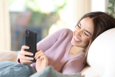 Kanepede oturan mutlu kadın akıllı telefonu kontrol edip gülümsüyor.