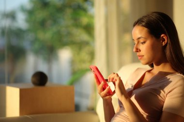 Gün batımında akıllı hoparlörleri kontrol etmek için telefonu kullanan ciddi bir kadın.