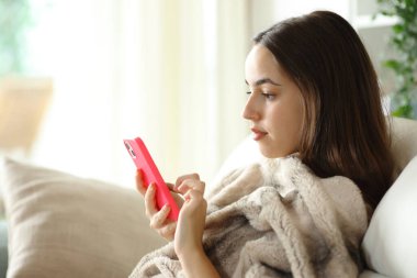 Battaniyeye sarılı bir kadın evdeki kanepede oturmuş telefonu kontrol ediyor.