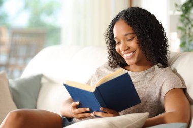 Evdeki kanepede oturup kitap okuyan mutlu zenci okuyucu.