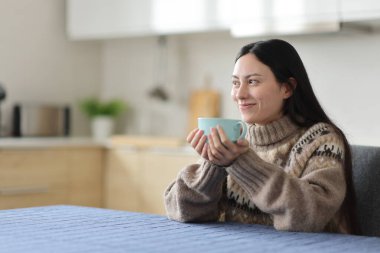 Asyalı kadın kışın mutfakta dinleniyor çay içiyor ve evine bakıyor.