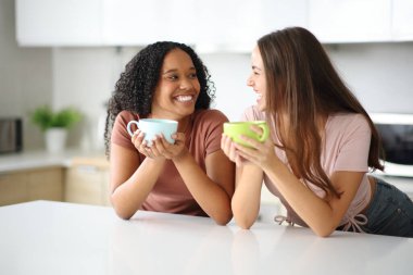 Evdeki mutfakta konuşan ve kahve içen iki mutlu kadın.