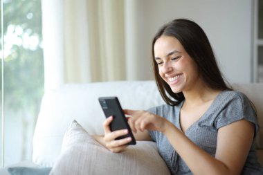 Mutlu kadın akıllı telefonunu evde bir kanepede otururken kullanmaktan zevk alıyor.