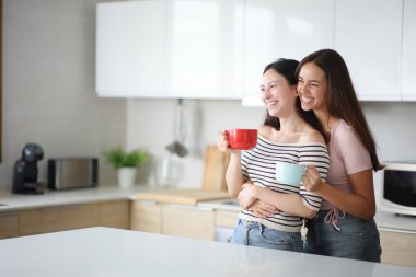 Komik ırklar arası lezbiyen çift içki içiyor ve evdeki mutfağa bakıyorlar.