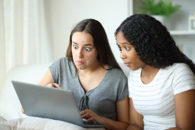 İki kafası karışmış arkadaş evdeki kanepede oturup dizüstü bilgisayarlarını kontrol ediyor.