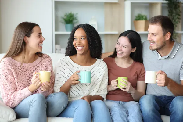 Dört farklı ırktan arkadaş evdeki bir koltukta oturup kahve içerek sohbet ediyorlar.