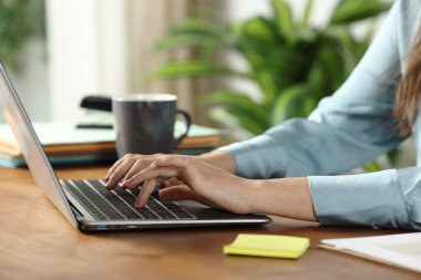 İnternette çalışan, evdeki ya da ofisteki ahşap bir masada dizüstü bilgisayarda yazan bir kadının ellerini kapat.