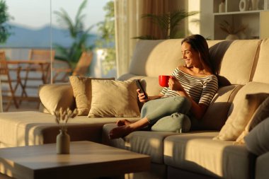 Mutlu kadın akıllı telefon kullanıyor. Kırmızı bardaktan kahve içiyor. Gün batımında kanepede oturuyor.