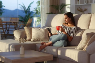 Cep telefonu kullanan, kırmızı bardaktan kahve içen bir kadın gün batımında oturma odasında oturuyor.