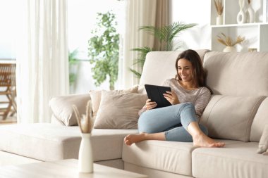 Mutlu kadın kanepeye oturmuş evdeki dijital tableti kontrol ediyor.