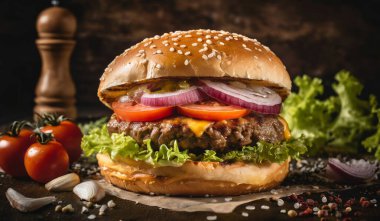 Kaba ahşap arka planda taze sebzeli ev yapımı hamburger..