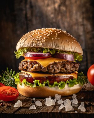 Kaba ahşap arka planda taze sebzeli ev yapımı hamburger..