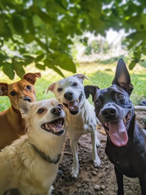 Bir grup mutlu köpek bir araya gelip selfie çekiyorlar.