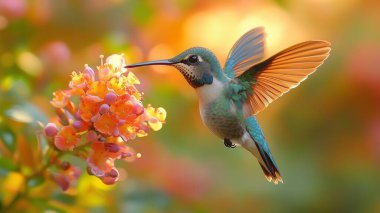 Ultra hd macro Colorful humming bird are flying near flowers and pecking at water droplets falling from beautiful wild flowers pollen. clipart