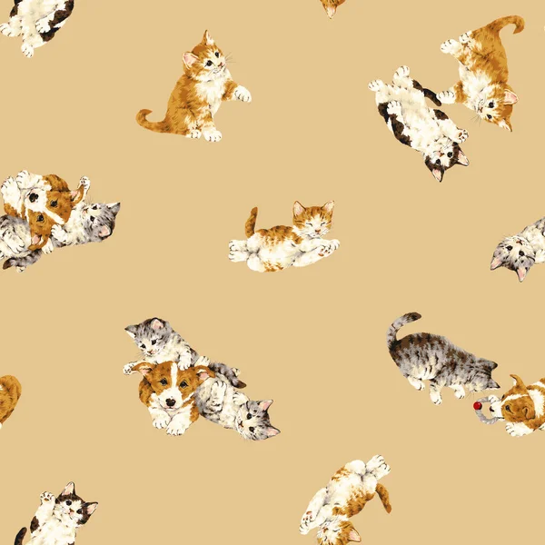 Płynny Wzór Słodkich Kotów Narysowanych Ręcznie — Zdjęcie stockowe