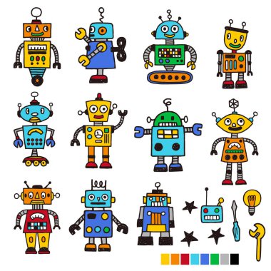 Retro robot çizim materyali koleksiyonu,