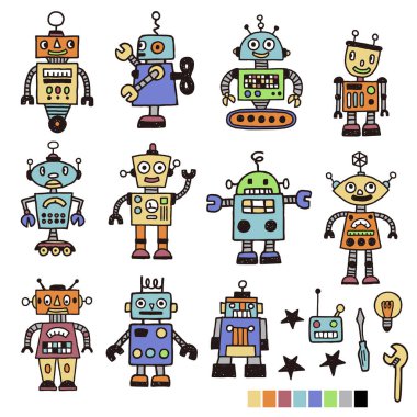 Retro robot çizim materyali koleksiyonu,