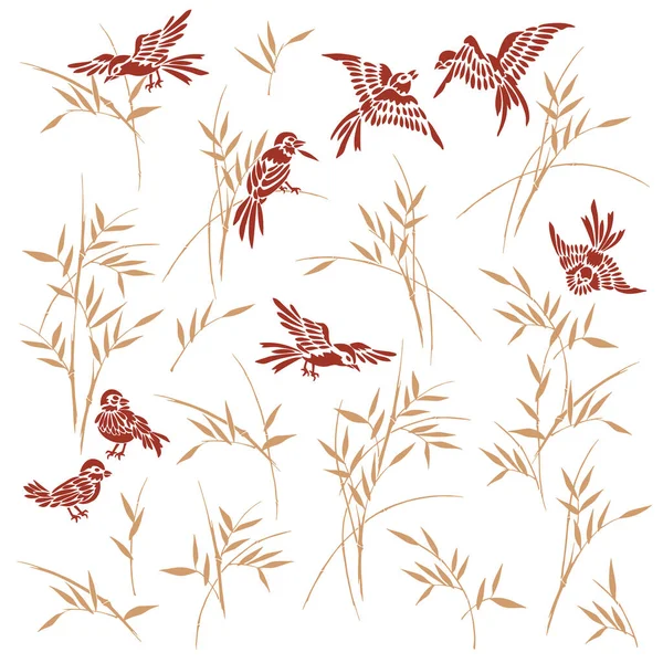 Japanese Sparrow Bamboo Seamless Pattern — Stock Vector