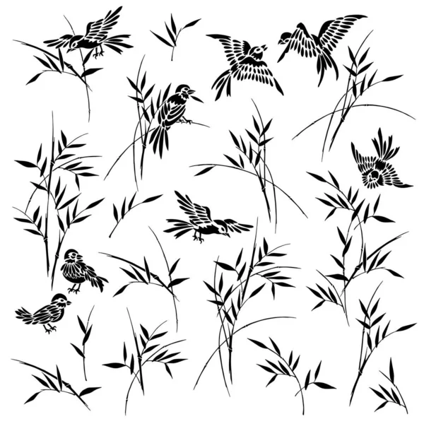 Japanese Sparrow Bamboo Seamless Pattern — Stock Vector