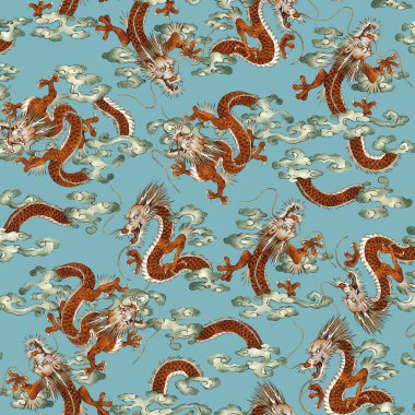 Japon ejderha deseni elle çizilmiş.,