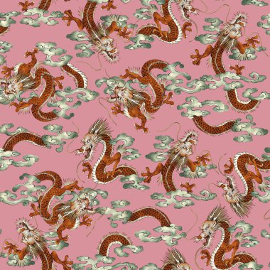 Japon ejderha deseni elle çizilmiş.,