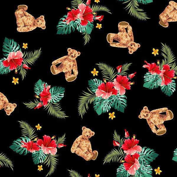 Padrão Camisa Havaiana Usando Urso Bonito Hibisco —  Vetores de Stock