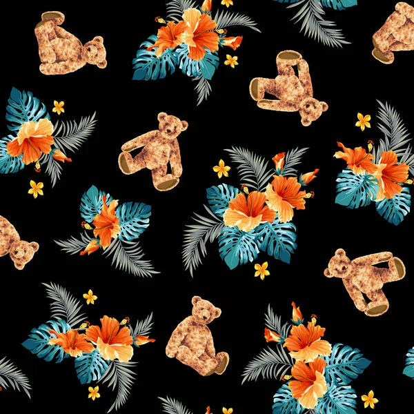 Hawaiian Shirt Pattern Using Cute Bear Hibiscus — Stock Vector