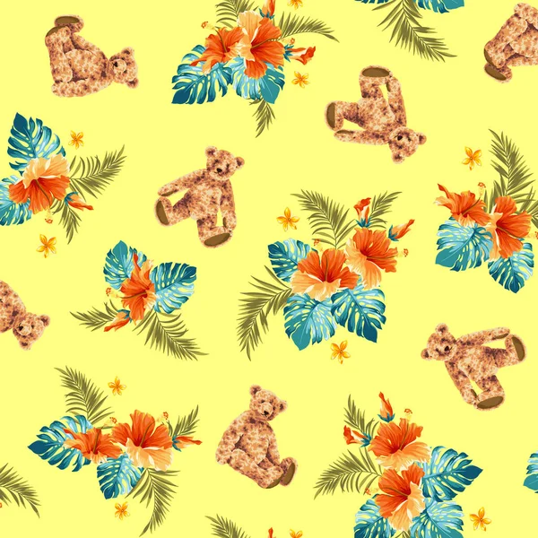 Havajská Košile Vzor Pomocí Roztomilý Medvěd Ibišek — Stockový vektor