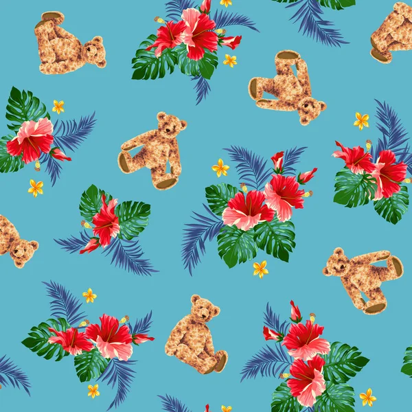 Modello Camicia Hawaiana Con Simpatico Orso Ibisco — Vettoriale Stock