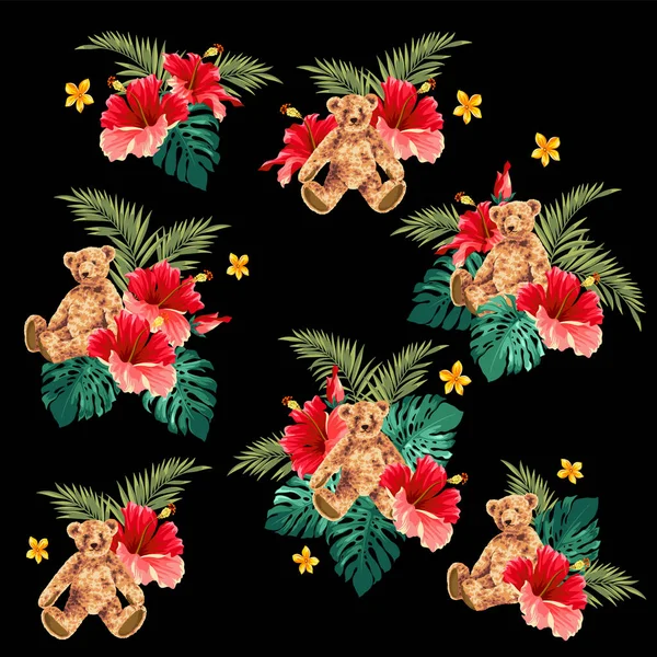 Matériel Collection Ours Mignons Fleurs Tropicales — Image vectorielle