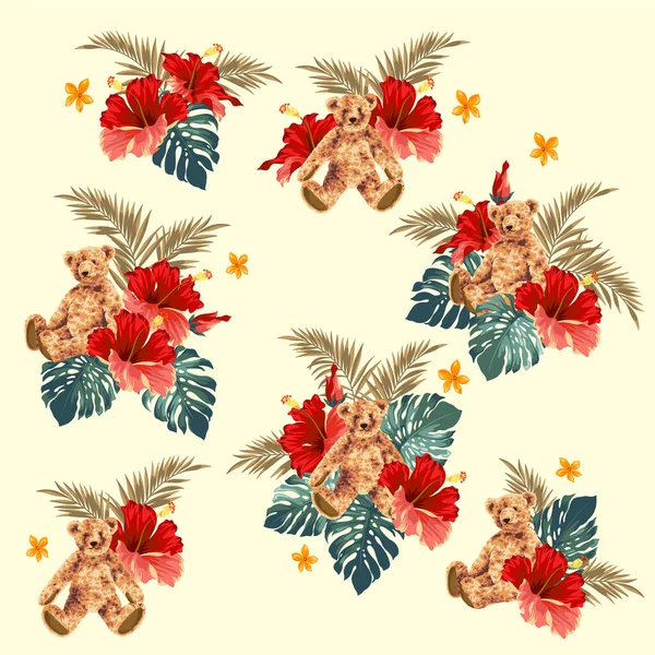 Материальная Коллекция Милых Медведей Тропических Цветов — стоковый вектор