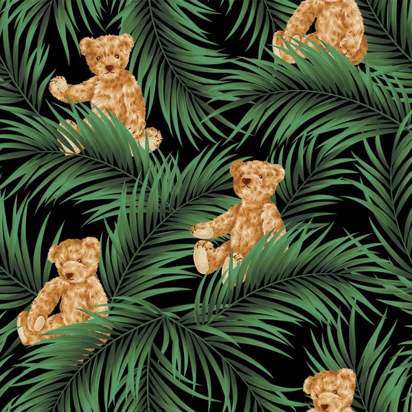 Seamless Pattern Tropical Plants Cute Bears — Stock Vector