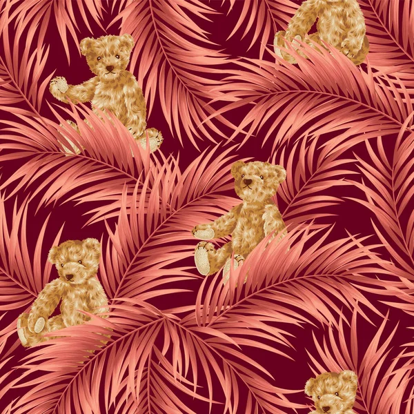 Modèle Sans Couture Avec Des Plantes Tropicales Des Ours Mignons — Image vectorielle