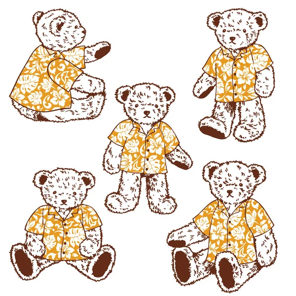 Kolekce Roztomilých Medvědů Tričkách Aloha — Stockový vektor