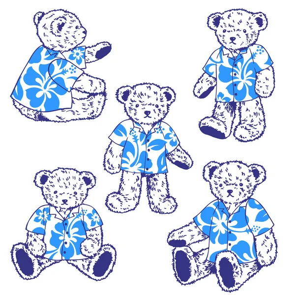Collection Cute Bears Wearing Aloha Shirts — Stock Vector
