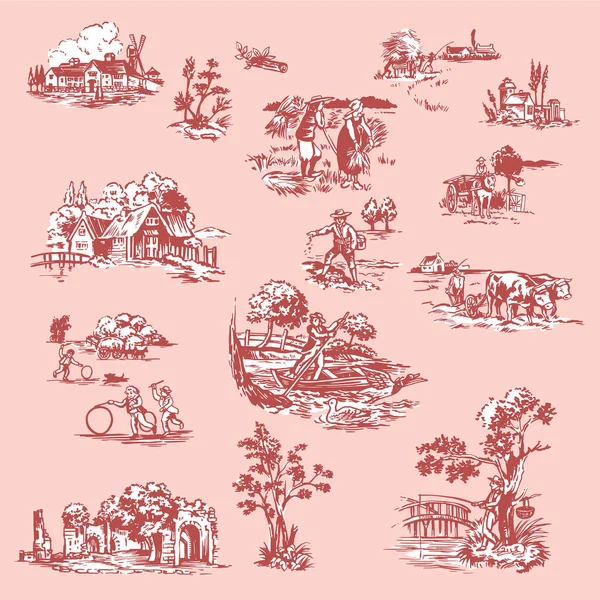 stock vector Collection of etching sketches of old rural landscapes,