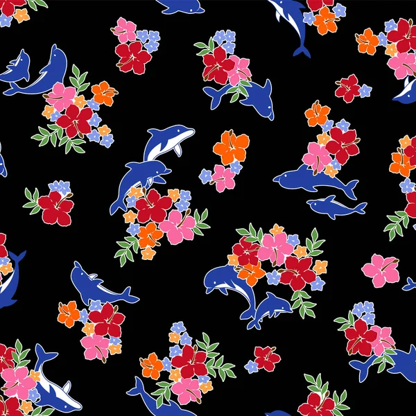 Schattig Hibiscus Dolfijn Patroon Geschikt Voor Textiel — Stockvector