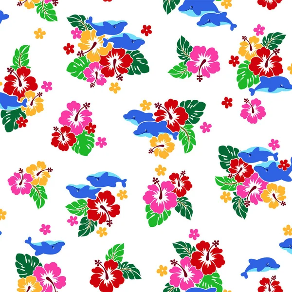 Cute Hibiscus Dolphin Pattern Suitable Textiles — Stock Vector