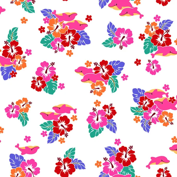 Mignon Motif Hibiscus Dauphin Adapté Aux Textiles — Image vectorielle