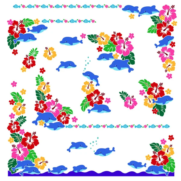 Cadre Décoratif Jolies Fleurs Tropicales Dauphins — Image vectorielle