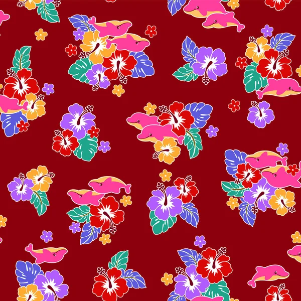 Mignon Motif Hibiscus Dauphin Adapté Aux Textiles — Image vectorielle