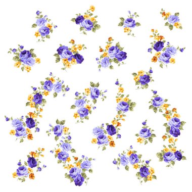 Eski moda bir görüntüyle yaratılmış gül çiçeği malzemelerinin bir koleksiyonu.,