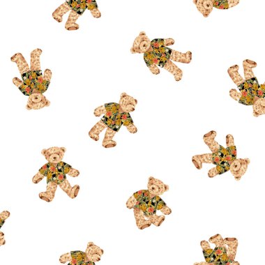 Aloha tişörtü giyen sevimli ayılarla kusursuz tekstil deseni.,