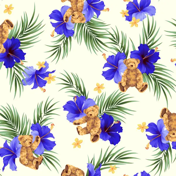 Pattern Composed Tropical Flowers Cute Bears Vector Graphics