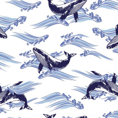 Okyanusta cesurca yüzen bir balinanın deseni,