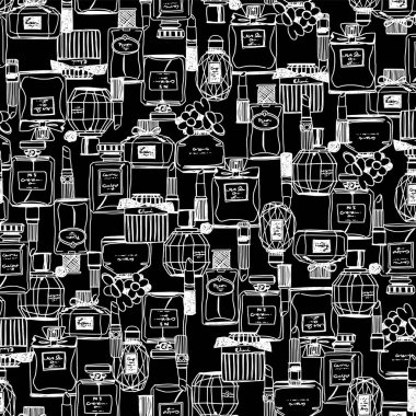 Çizgilerde parfüm şişeleri olan etkileyici bir desen.,