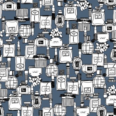 Çizgilerde parfüm şişeleri olan etkileyici bir desen.,