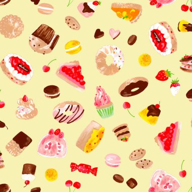 Lezzetli tatlıların kusursuz deseni elle çizilmiş.,