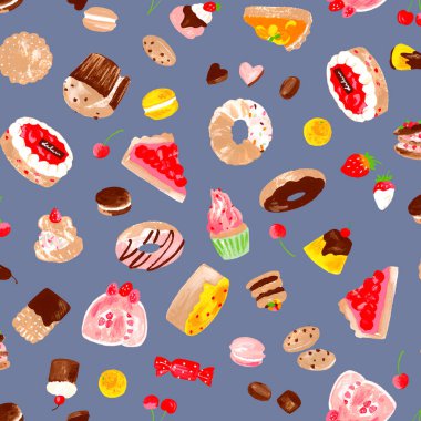 Lezzetli tatlıların kusursuz deseni elle çizilmiş.,