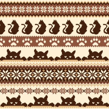 Dizaynında sevimli kediler olan kusursuz örgü deseni,